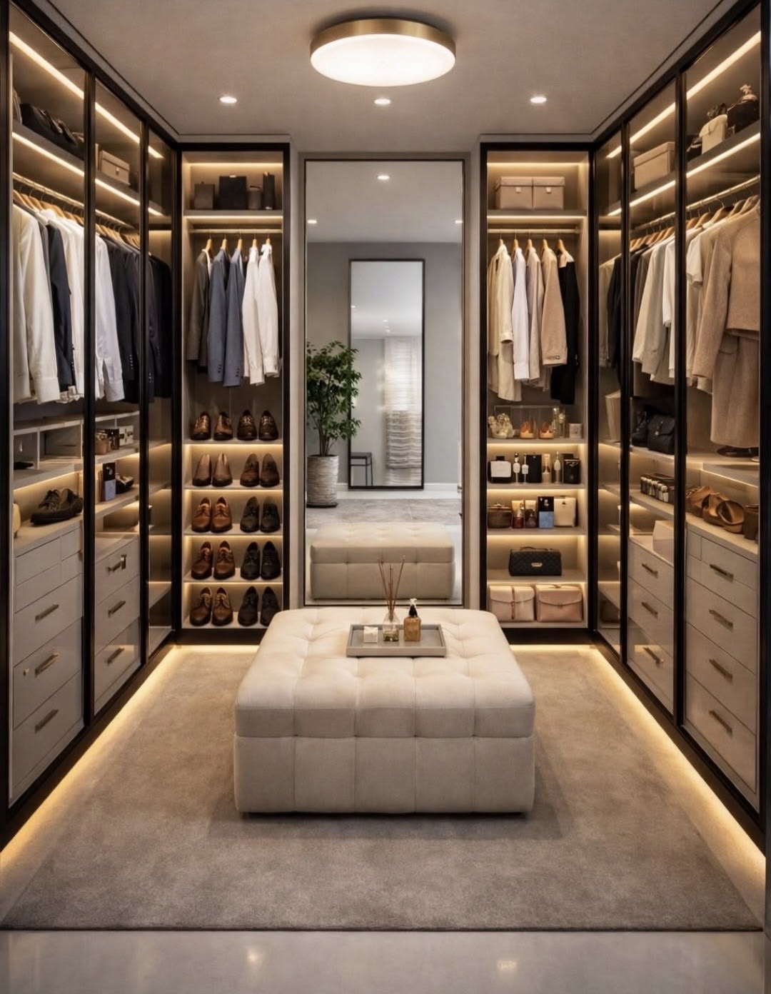 Editorial walk-in closet with curated suiting, soft lighting, and neutral tones